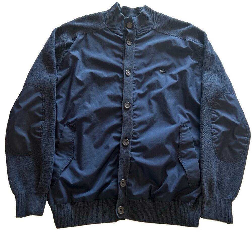 Lacoste Sweater Logo Jacket Men's 6 XL Navy Button Up Elbow Patches Preppy